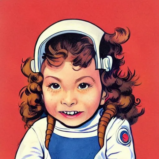 Prompt: a cute little girl with a mischievous face and short brown wavy curly hair. she is dressed as an astronaut. well composed, clean elegant painting, beautiful detailed face. comic book art by steve ditko and jack kirby and ( raymond swanland )