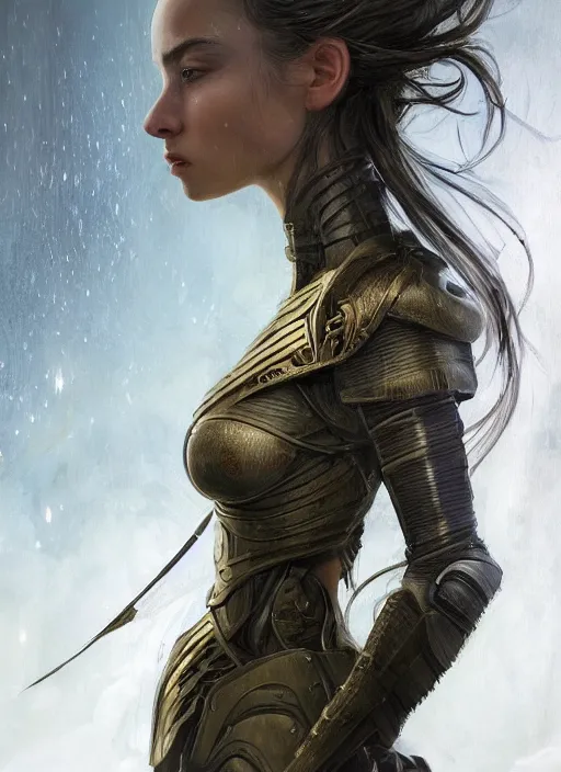 Image similar to a professional portrait of a beautiful young female, clothed in ethereal battle armor, olive skin, long dark hair, beautiful bone structure, symmetrical facial features, intricate, elegant, digital painting, concept art, smooth, sharp focus, finely detailed, illustration, from Valerian and the City of a Thousand Planets, in the style of Ruan Jia and Mandy Jurgens and Artgerm and Greg Rutkowski and William-Adolphe Bouguerea