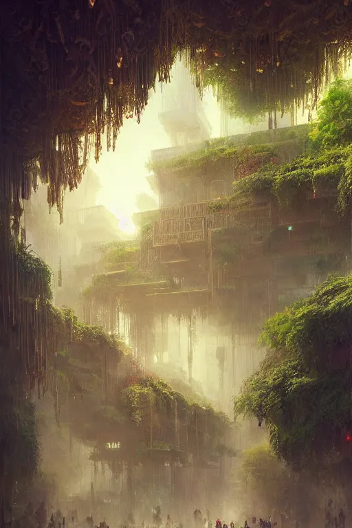 Image similar to magnificent view of the hanging gardens of babylon, intricate, elegant, volumetric lighting, digital painting, highly detailed, artstation, sharp focus, illustration, concept art, ruan jia, steve mccurry