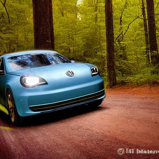 Image similar to promotional scifi - blockbuster movie scene of a ladybug volkswagen hybrid, flying down a dusty backroad in smokey mountains tennessee. the hybrid is 2 / 3 ladybug. cinematic, muted dramtic color, 4 k, imax, 7 0 mm, hdr