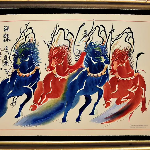 Image similar to four horsemen of apocalypse, in style of traditional japanese watercolor painting