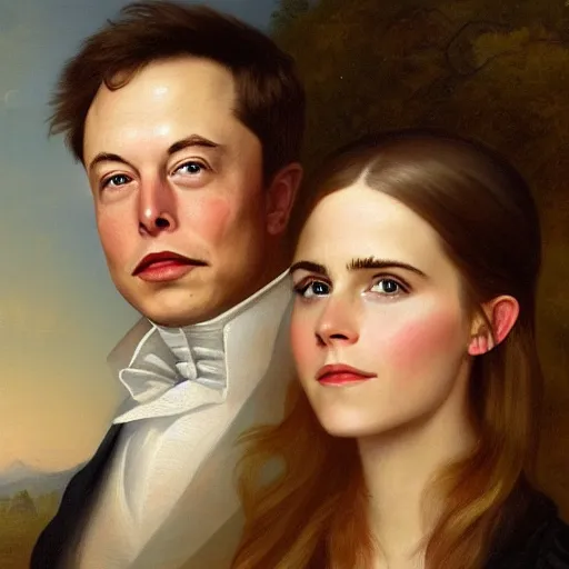 Image similar to elon musk ( left ) and emma watson in an 1 8 5 5 painting by elisabeth jerichau - baumann. painting, oil on canvas