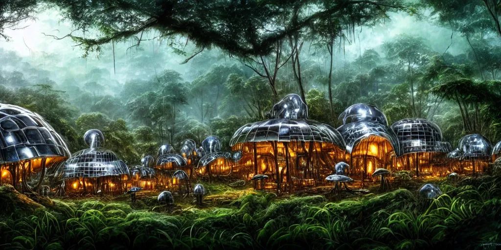 Image similar to a clearing in the jungle reveals a chrome metal village full of mushroom houses, matte oil painting, cybernetic, science fantasy, retrofuturistic, biblical, rpg, queer, pride, epic, extremely detailed, sharp focus, 4 k