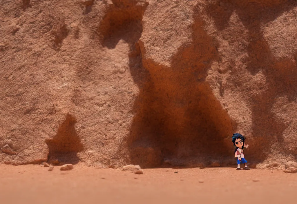 Image similar to side view of young aladdin as nendoroid walking in a desert village, 8 k, hd, dof, kodak film,