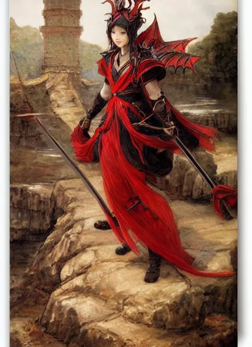 Prompt: woman in dark and red princess dragon armor, she is holding a katana sword, walking on an ancient bridge next toa waterway. by william henry hunt