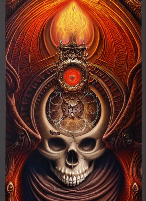 Image similar to A beautiful detailed orixa, tarot card, by tomasz alen kopera and Justin Gerard, symmetrical features, ominous, magical realism, texture, intricate, ornate, royally decorated, skull, skeleton, whirling smoke, embers, red adornements, red torn fabric, radiant colors, fantasy, trending on artstation, volumetric lighting, micro details, 3d sculpture, ray tracing, 8k, anaglyph effect