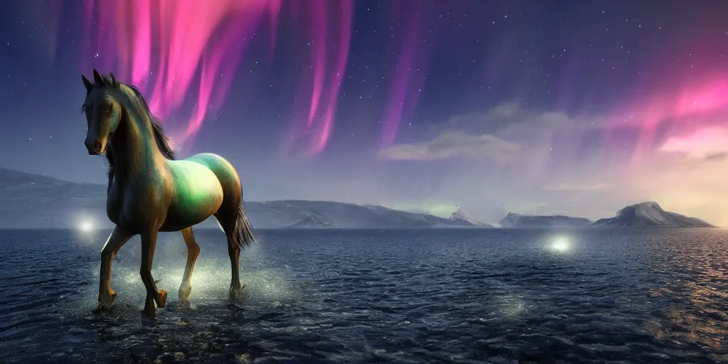Prompt: beautiful horse made of water, northern lights, night ocean, fjords, moonlit, waves, octane render, artstation, HDR