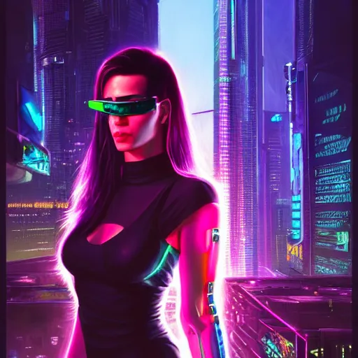 Image similar to epic portrait of cyberpunk Carpenter Charisma wearing mirrorshades, Night City, cyberpunk 2077, neon megacity in the background, angry and bored, illustration, soft lighting, soft details, painting oil on canvas by mark arian by artgerm, trending on artstation, 4k, 8k, HD