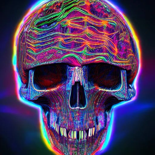 Prompt: neuronal skull, psychedelic cyberpunk style, colourful, highly detailed, 8k, trending on artstation