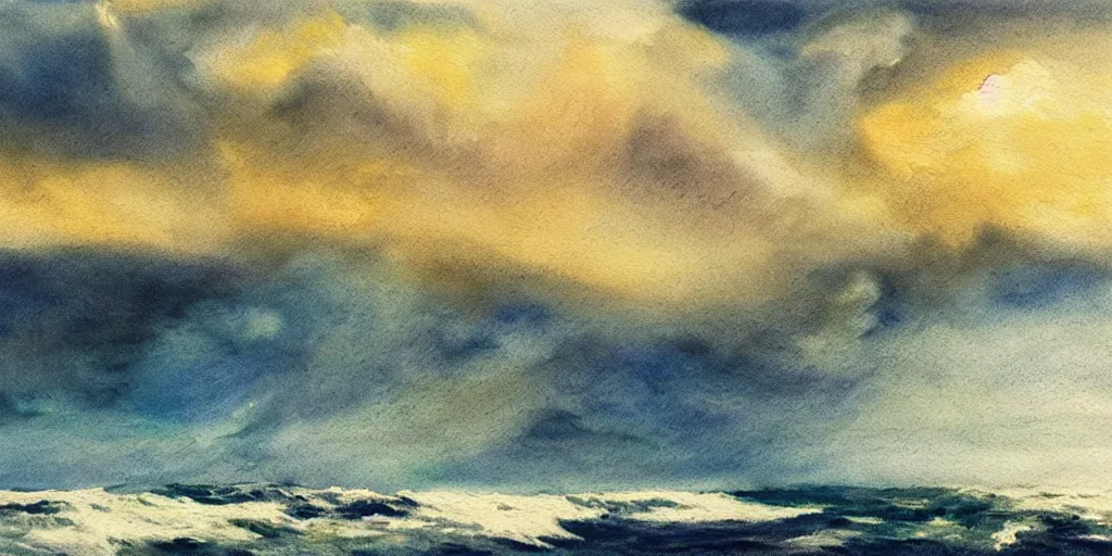Prompt: a beautiful painting of iceland, storm clouds gathering over the sea, by studio ghibli 8 k pastel colours, smeared watercolours, golden light film grain