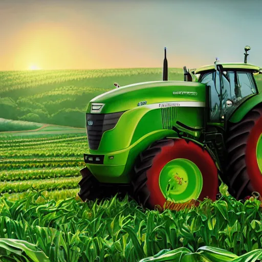 Prompt: huge green agricultural tractor robot in the corn field, sphere shape, robots, humanoid, farming, highly detailed digital painting, artstation, concept art, smooth, sharp focus, illustration, art by artgerm and greg rutkowski, unreal engine