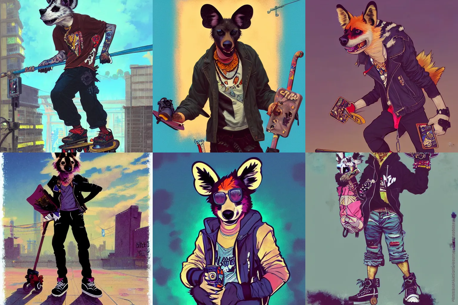 Prompt: furry anthropomorphic painted wild dog wearing skater punk clothes. Renowned character illustration by greg rutkowski, thomas kindkade, alphonse mucha, loish, norman rockwell. Trending on furaffinity. Flat digital drawing. Vaporwave.