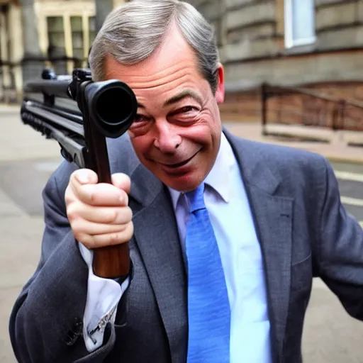 Image similar to nigel farage holding a rifle, photograph, hd