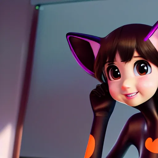 Image similar to new pixar character as an anime woman wearing cat ears, catgirl, highly detailed, extremely high quality, hd, 4 k, 8 k, professional photographer, 4 0 mp, lifelike, top - rated, award winning, cinematic, realistic, detailed lighting, detailed shadows, sharp, no blur, edited, corrected, trending