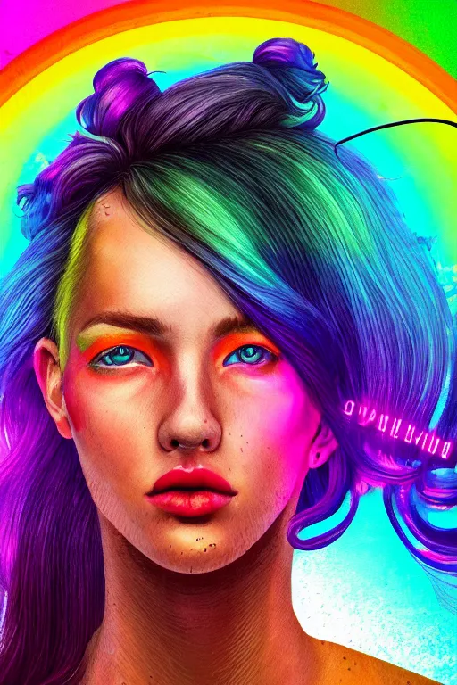 Image similar to a award winning half body portrait of a beautiful woman with stunning eyes in a croptop and cargo pants with rainbow colored ombre hairstyle head in motion and hair flying by thomas danthony, outlined by whirling illuminated neon lines, outrun, vaporware, shaded flat illustration, digital art, trending on artstation, highly detailed, fine detail, intricate