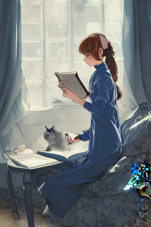 Image similar to a digital painting of a girl reading a book with a cat in A comfortable study room at night,blue and grey theme,JK uniform ,Hairdryer,blue theme,S line, by krenz cushart and mucha and range murata