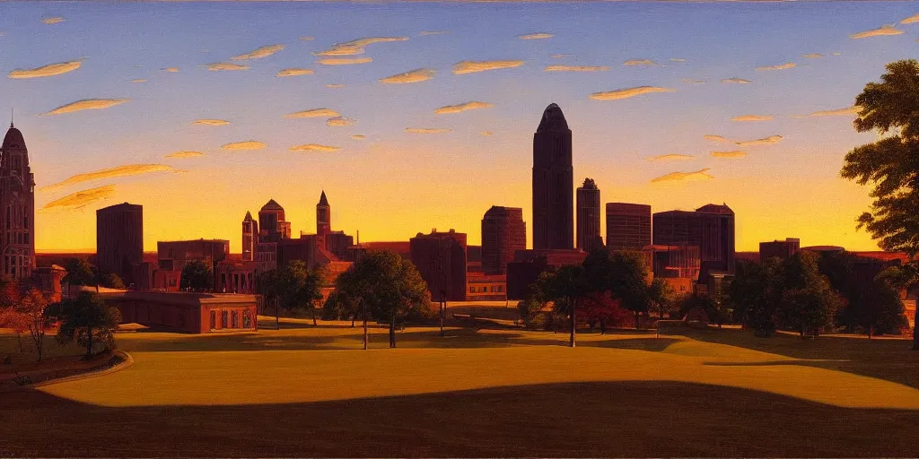 Image similar to a beautiful painting of Columbus Ohio by Rockwell Kent, golden hour, 8k, 4k