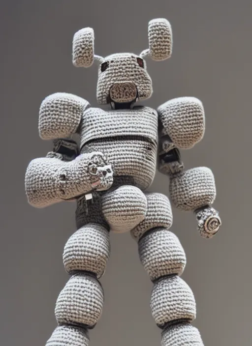 Image similar to a crochet mecha, realistic, no cropping, full body, Sigma 50 mm f/1.4