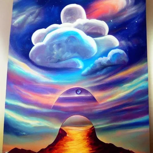 Image similar to painting of a space time portal, surreal, beautiful clouds