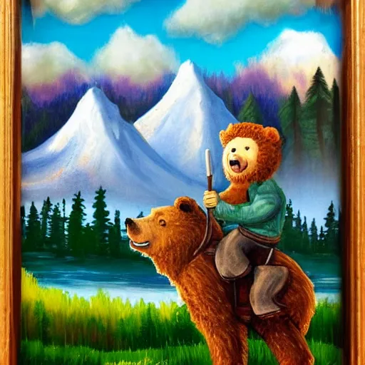 Image similar to bob ross riding a bear over the mountains with happy trees and happy clouds in the background