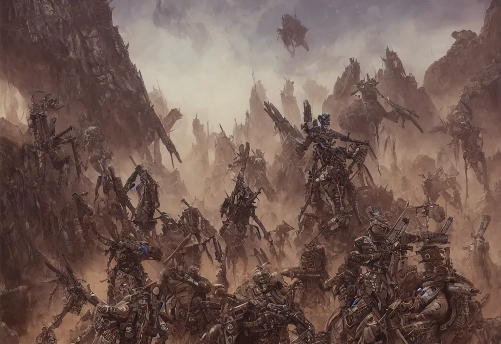 Prompt: postapocalyptic cyborg tribal armies battle in rock desert ultra realistic, blade runner, peter mohrbacher, wayne barlowe, boris vallejo, aaron horkey, gaston bussiere