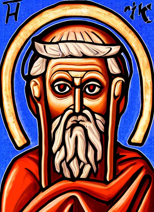 Image similar to old man with red eyes, infernal icon with halo, color art in church style 4 k