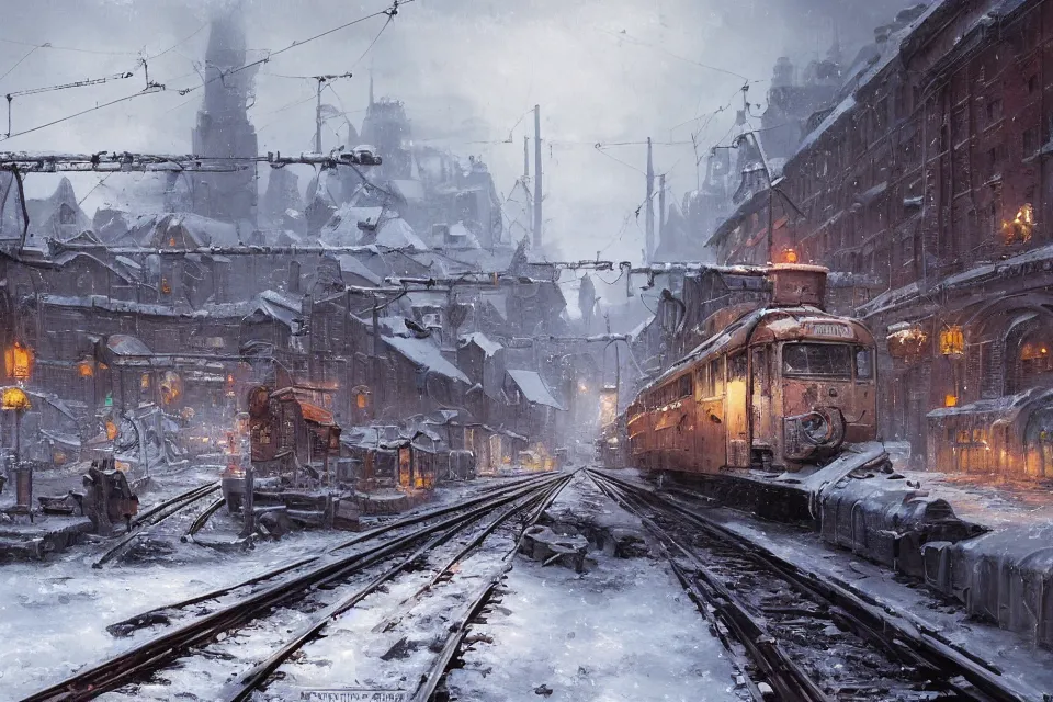 Image similar to highly detailed painting of dieselpunk stockholm, winter, snow, tram on rail tracks, dystopia, by greg rutkowski, by raphael lacoste, 4 k resolution, trending on artstation