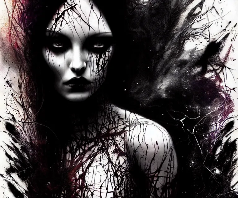 Image similar to stunning otherworldly gothic goddess of freewill, dark and mysterious, atmospheric, ominous, eerie, cinematic, epic, 8 k, ultra detail, ultra realistic, rendered by awesomeness. nights falling wind is blowwing snow is pilling concept art in style of carne griffiths artwork by xsullo. backround by elson, peter kemp, peter