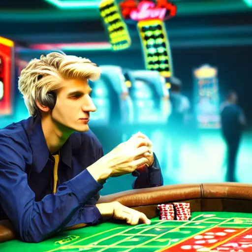 Prompt: film still of xqc gambling in Vegas, 4k, photorealism, artstation style