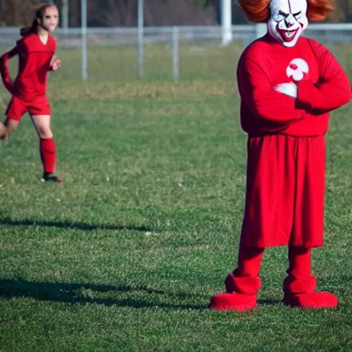 Prompt: Pennywise the clown coaching a girls' soccer team.