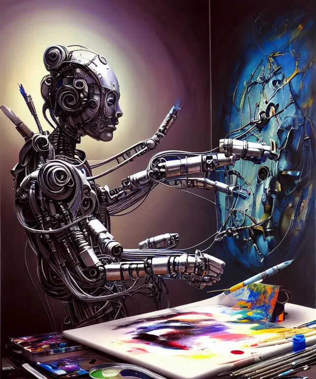 Prompt: realistic detailed image of futuristic cyborg-robot-painter-artist creating a painting with acrylic paint and brushes in a futuristic artist studio by H.R Giger, Ayami Kojima, Amano, Karol Bak, Greg Hildebrandt, and Mark Brooks, Neo-Gothic, gothic, rich deep colors. Beksinski painting, part by Adrian Ghenie and Gerhard Richter. art by Takato Yamamoto. masterpiece