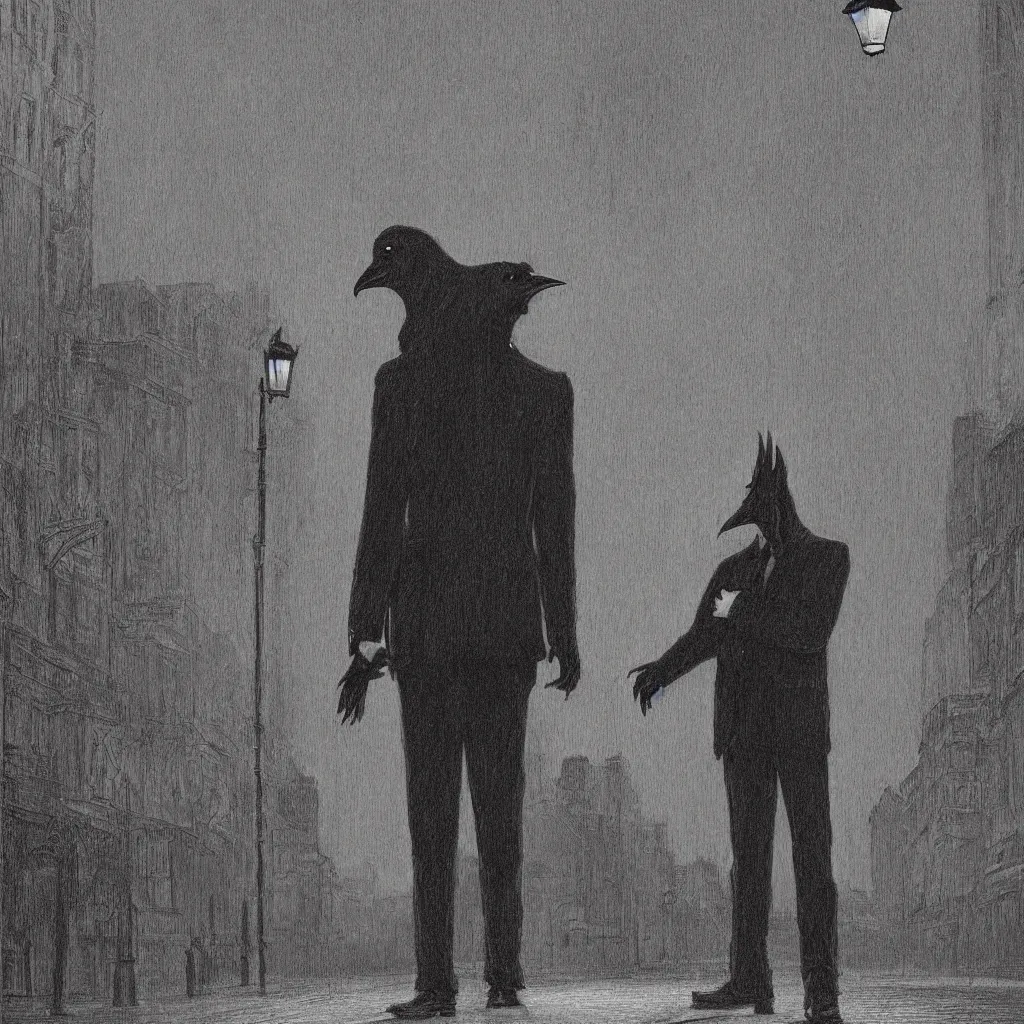 Prompt: a highly detailed portrait of a man wearing a suit and a raven mask standing in the middle of a street illuminated by a lone street lamp, by gerald brom, cinematic lighting, detailed drawing