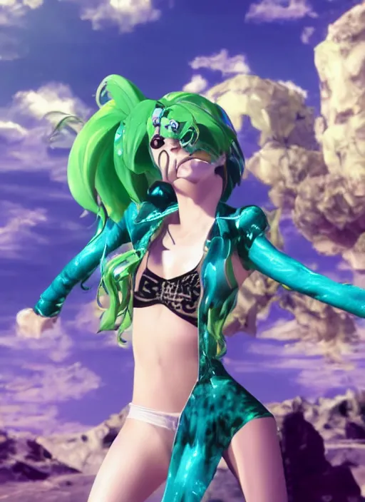 Image similar to cinematic scene with bella thorne as jolyne from jojo's bizarre adventure, stone ocean, dramatic, small details, volumetric lighting, still frame