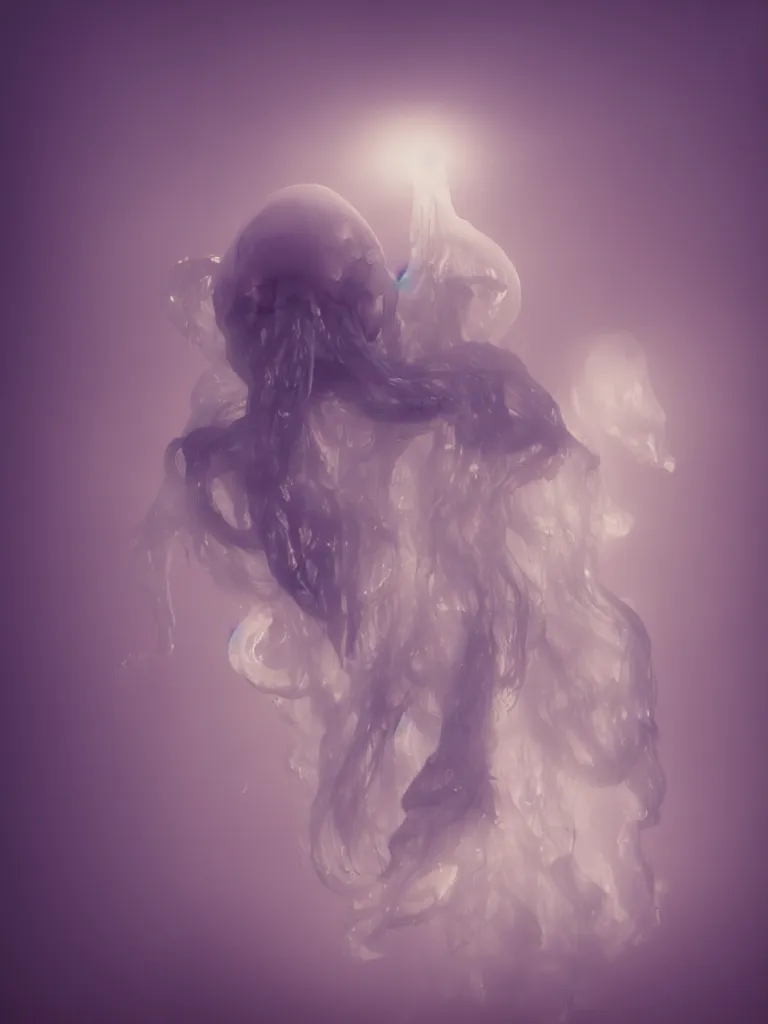 Image similar to cute fumo plush beautiful ectoplasmic gothic skeletal jellyfish ghost girl, glowing milky wisps of hazy smoke and volumetric fog, lens flare, subsurface scattering, vignette, asymmetry, bokeh, refraction, vray