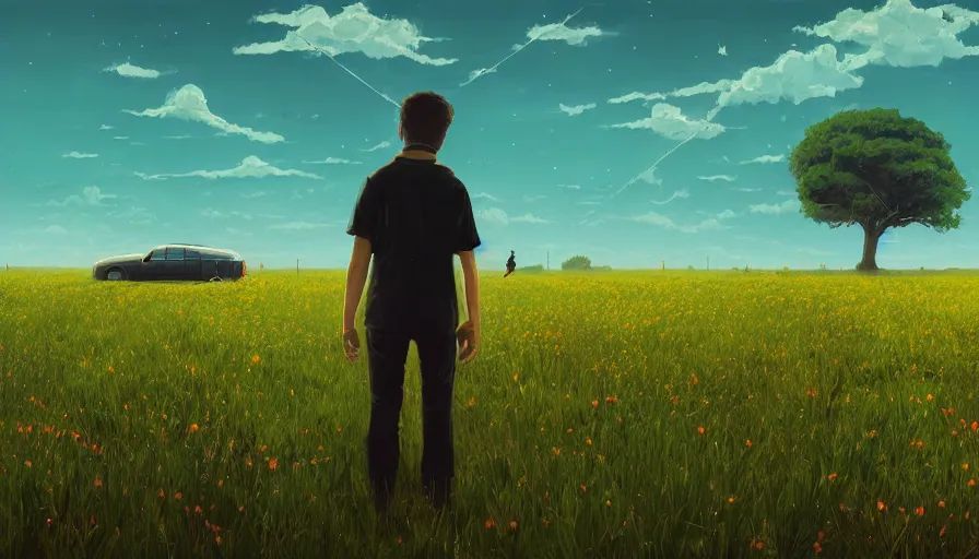 Prompt: huge black hexagon in the sky, no clouds, field with grass and flowers, big tree, person, matte painting, art station, blue sky, simon stalenhag