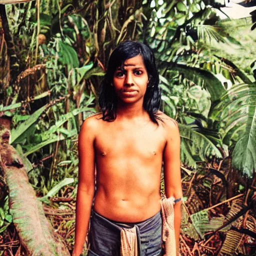 Prompt: a professional polaroid full body photo of a sri lankan jungle girl, black hair, light freckled skin and a look of panic on his face. extremely high fidelity. key light.