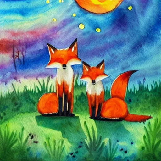 Image similar to a fox family, fantasy scenery, rainbow, watercolor painting, sunset