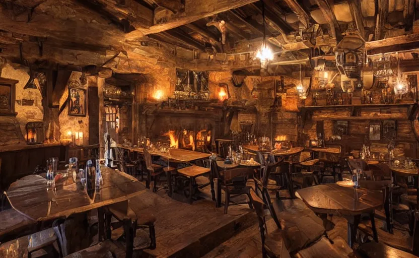 Prompt: medieval fantasy tavern, rowdy patrons, multiple races, steins of ale, ambient, atmospheric, adventurous, roaring fireplace