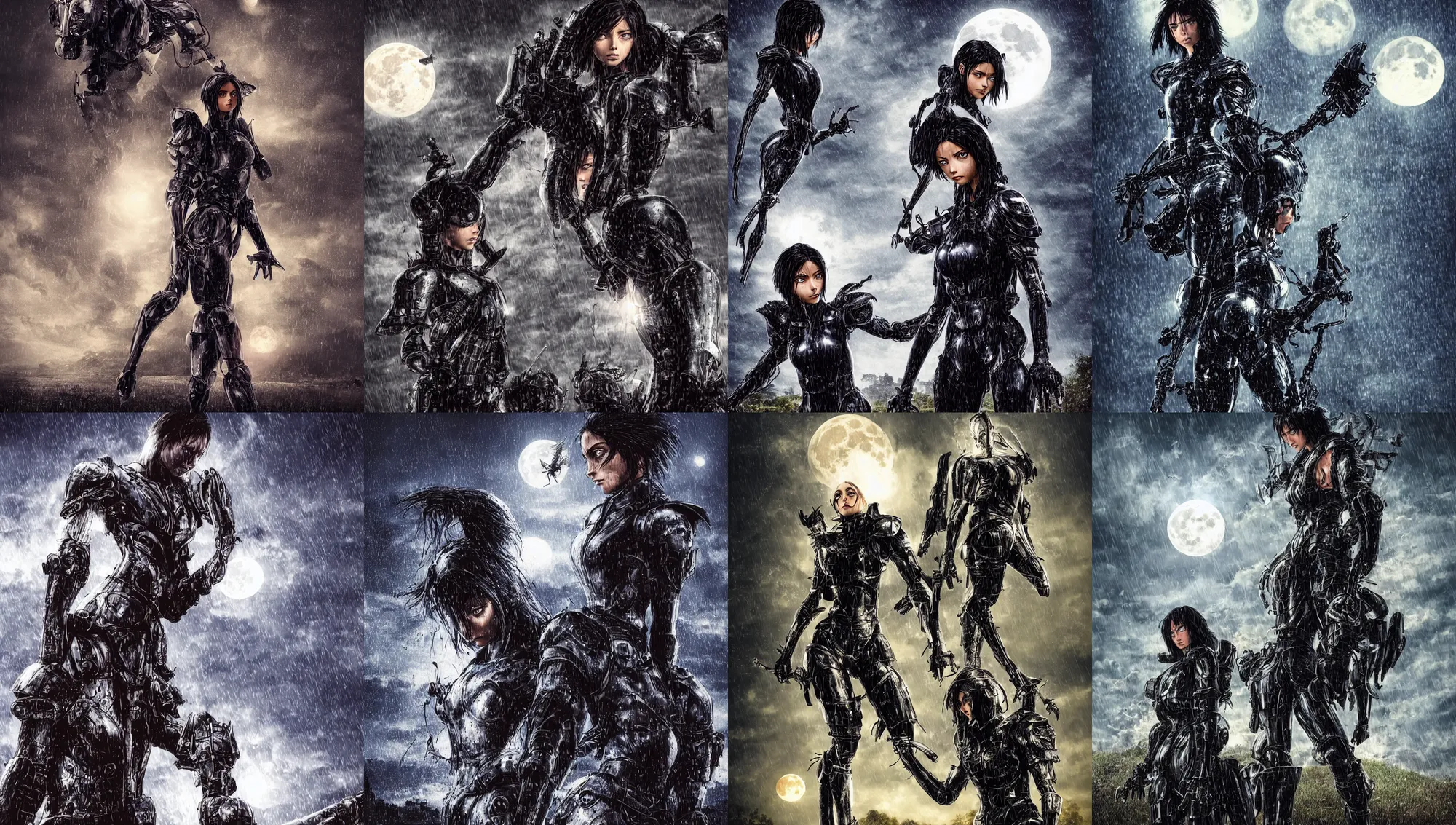 Prompt: angry christian, wearing rain soaked armour in heavy rain, incredibly fine detailed portrait, battle angel alita, dynamic angle, elegant, full body profile, 2 0 0 mm focal length, highly detailed, dramatic full moon lighting, many fireflies, gothic castle prodominently in the background, movie cover