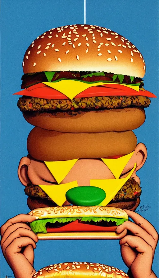 Image similar to nickelodeons doug eating a hamburger 1 9 9 1. portrait by jean giraud and anton otto fischer