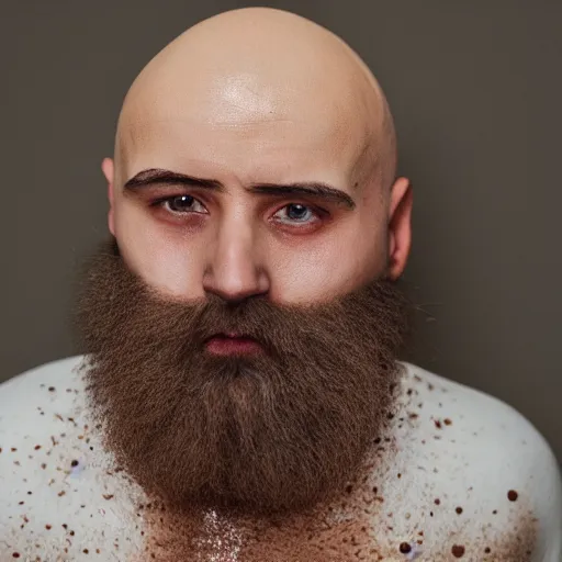 Prompt: close up photo of a fully clothed bald crimean man with cream dripping from his face