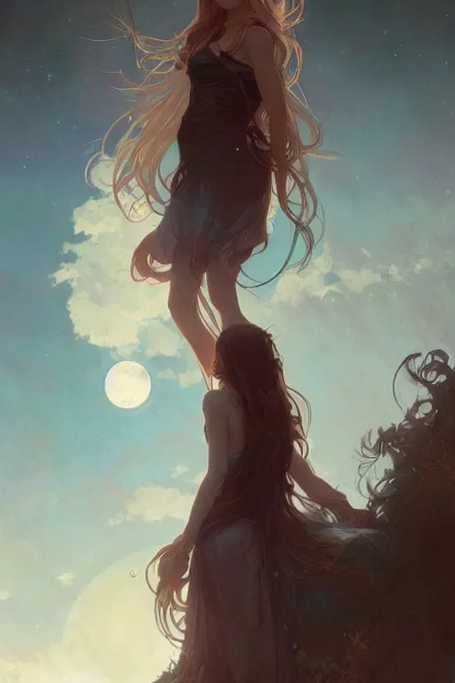 Prompt: fantasy, long hair girl, portrait, cloud and moon background, concept art, digital art, illustration, smooth, sharp focus, greg rutkowski, alphonse mucha, trending on artstation, trending on deviantart,