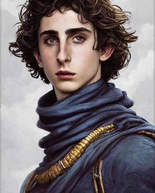 Image similar to beautiful paul atreides timothee chalamet with a three day beard, emperor of the known universe, completely blue eyes, perfect dramatic and dark portrait insanely detailed, concept art, deep focus, intricate, highly detailed, digital painting, artstation, matte, sharp focus, illustration, art by greg rutkowski and alphonse mucha, low angle, dominant eye