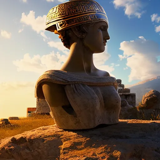 Image similar to greek ancient woman in Athena's helmet standing on a giant greek ancient bearded man head, late afternoon light, greek temple of olympus glory island, wispy clouds in a blue sky, by frank lloyd wright and greg rutkowski and ruan jia