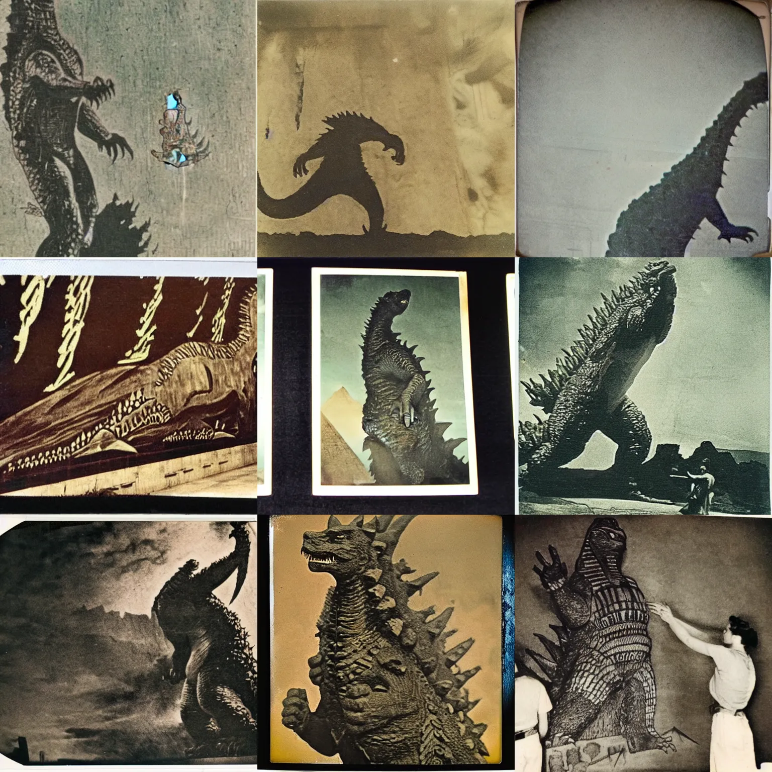 Prompt: old polaroid from 1 9 5 2 depicting godzilla as an egyptian wall painting