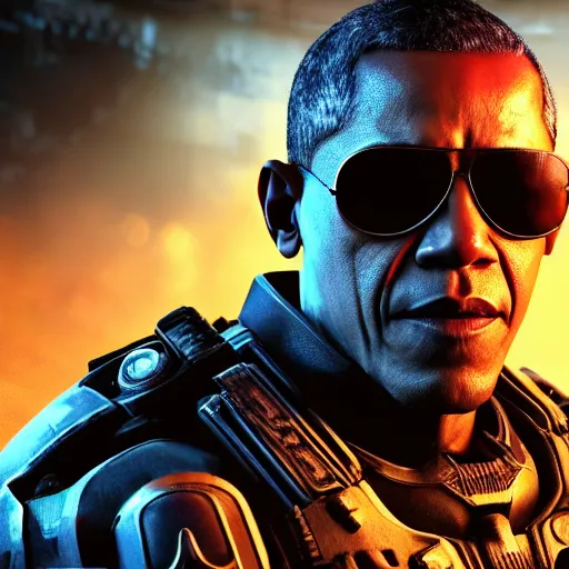 Prompt: barrack obama with sunglasses in gears of war, splash art, movie still, cinematic lighting, ray tracing, octane render, long lens, shallow depth of field, bokeh, anamorphic lens flare, 8 k, hyper detailed, 3 5 mm film grain