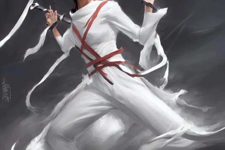 Image similar to a ninja dressed in tapered white satin clothes, the ninja is wielding spirit papers, dynamic, combat pose, digital painting, WLOP, trending on artstation, 8k, epic composition, highly detailed, sharp focus