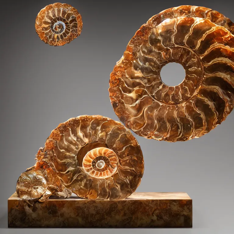 Prompt: hyperrealistic sculpture of the fossils of a time traveling ammonite in a glass vitrine on a pedestal by ron mueck and duane hanson and damien hirst, hyperrealistic dramatic colored lighting trending on artstation 8 k