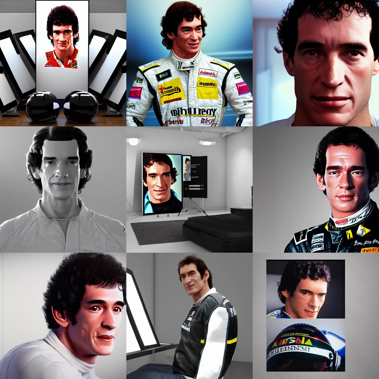 Prompt: bright studio setting, studio lighting, crisp quality and light reflections, unreal engine 5 quality render, still photo of ayrton senna, highly detailed, photorealistic portrait