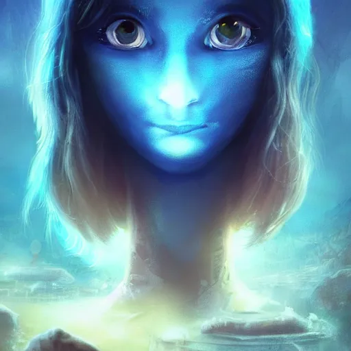 Image similar to Mysterious city under water. The Lost World of Atlantis. Alien marine beautiful woman looks at us. Big eyes, small genus, smile. Forehead tattoo. . Digital art. Super detail, 4k, wow, artstation trending